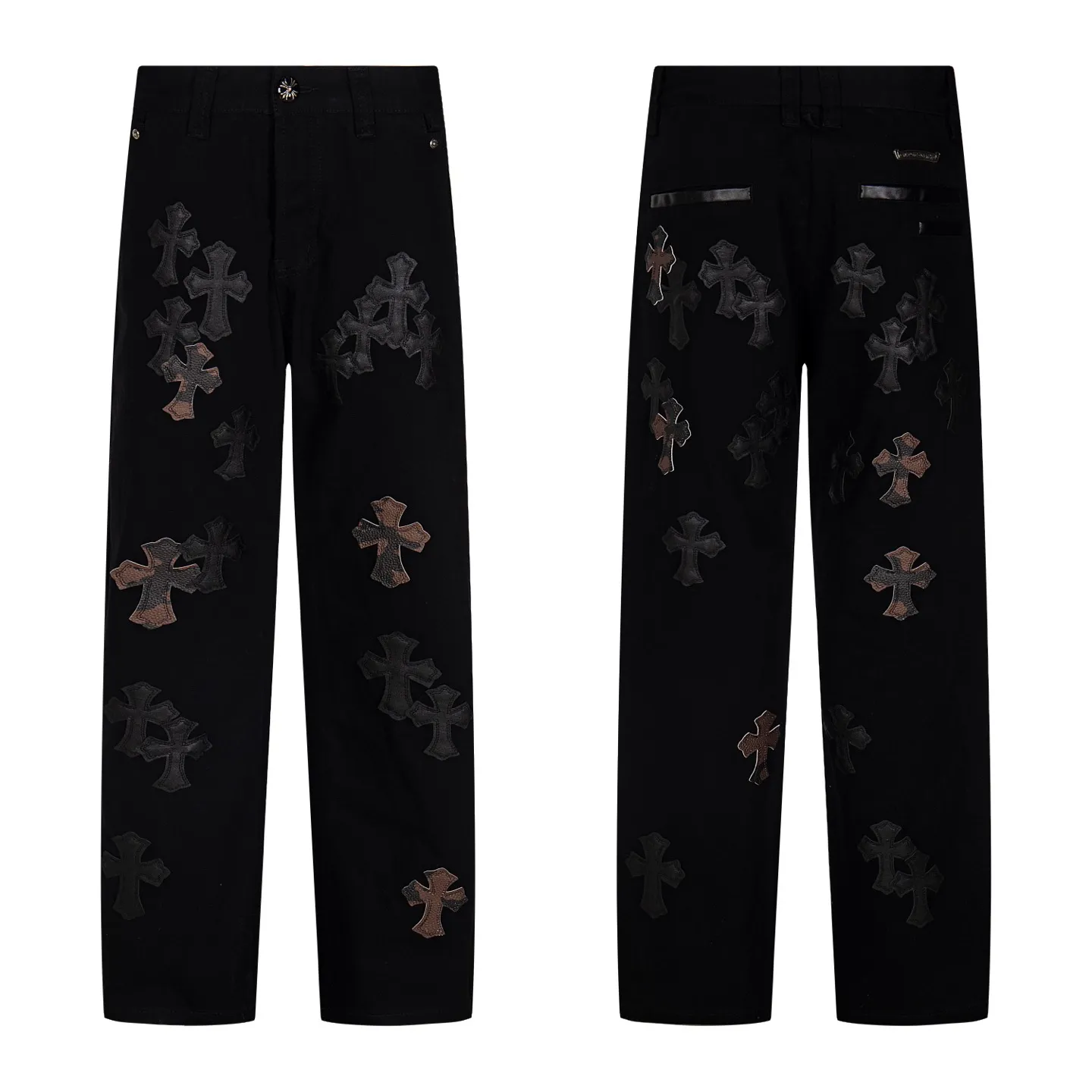 P260 Chrome Hearts丨Chrome Hearts Black and Brown Camouflage Cross Patched Leather Jeans - Full of exploring the ultimate in fashion, Chrome Hearts' new Chrome Hearts pants cleverly integrate camouflage crosses, camouflage crosses and other elements to break traditional boundaries. Mattyboy's clever fusion of overalls and khaki jeans, the same style, brings endless matching inspiration to fashionistas! Whether it is daily wear or a trendy try, these pants can bring you an excellent fashion experience. Style number: 1753# Color: casual black Size: 28 30 32 34
